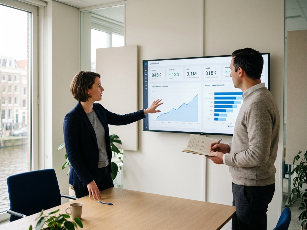 Twee collega's bespreken KPI's en businessperformance op een groot scherm met een dashboard.
