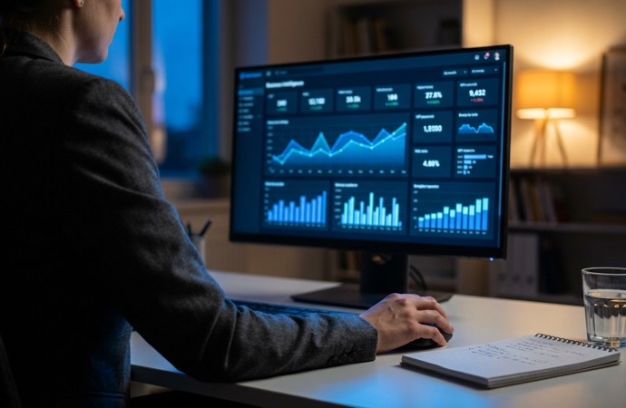 Een BI-specialist werkt achter een groot scherm aan een dashboard.